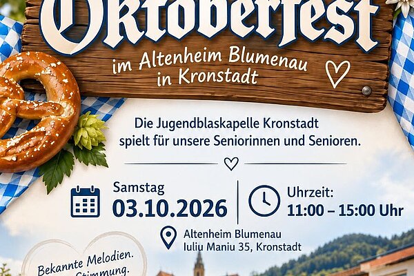 Plakat: Oktoberfest im Altenheim Blumenau, Samstag, 3. Oktober 2026, 11 bis 15 Uhr, mit der Jugendblaskapelle Kronstadt