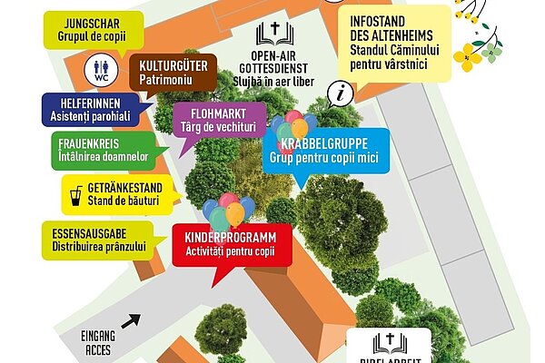 Plakat des Gemeindefests 2026 mit dem Lageplan der Stände im Hof