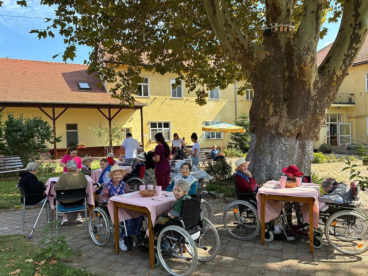 Bewohnerinnen und Bewohner an gedeckten Tischen unter der großen Platane im Hof