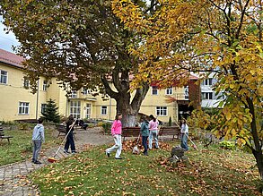 Herbstputz im Hof, Oktober 2026: Schülerinnen und Schüler der 14er-Schule rechen das Laub unter der Platane
